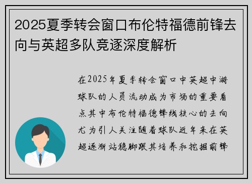 2025夏季转会窗口布伦特福德前锋去向与英超多队竞逐深度解析 2025夏季转会窗口布伦特福德前锋去向与英超多队竞逐深度解析