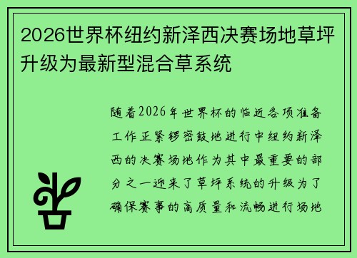 2026世界杯纽约新泽西决赛场地草坪升级为最新型混合草系统